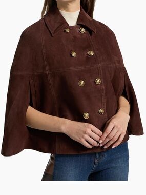 Alice + Olivia Dark Brown Suede Double-Breasted Cape with Gold Buttons